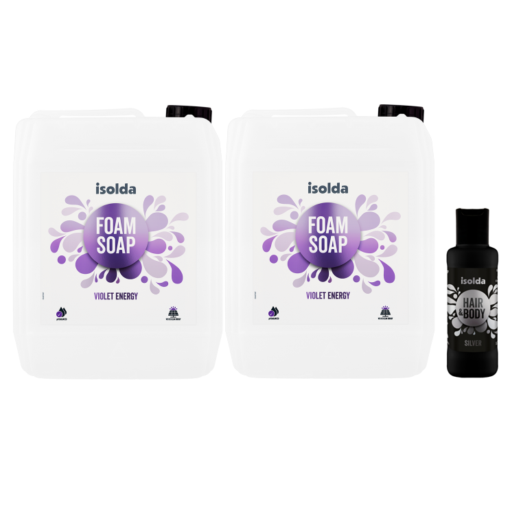 ISOLDA Violet energy pěnové mýdlo 2 x 5 l + Isolda Silver na tělo a vlasy 75 ml ZDARMA