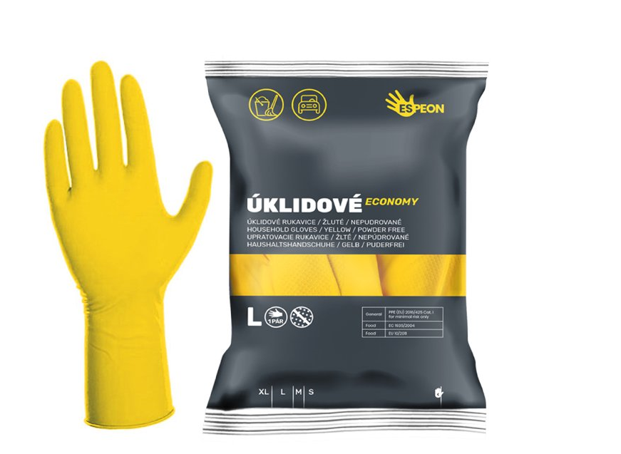 Úklidové latexové rukavice ECONOMY 1 pár, nepudrované, žluté, 25 g; Velikost L
