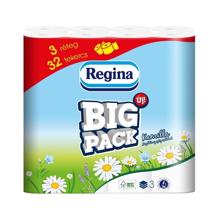 Toaletní papír Big Pack Regina bílý, 3 vrstvy, 100 % celulóza, heřmánek - 32 ks