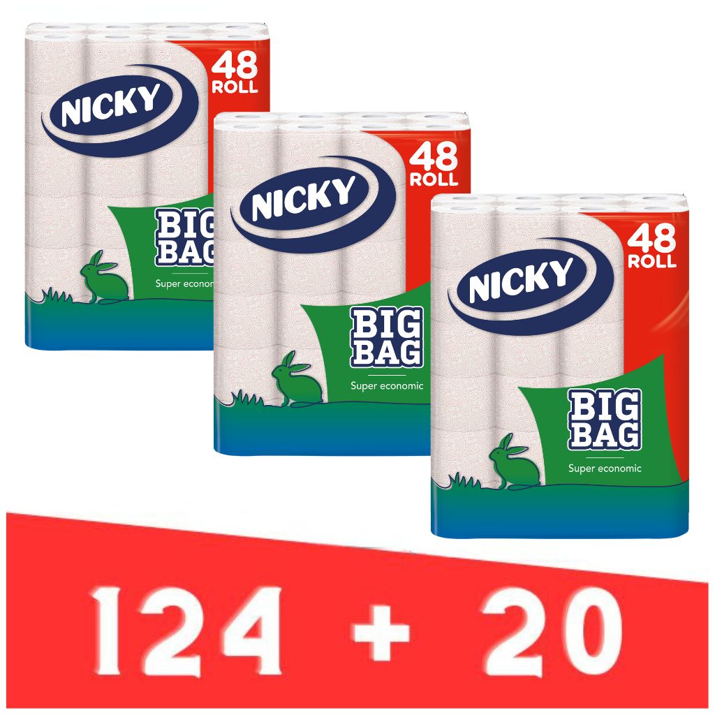 Toaletní papír Big Bag NICKY XXL bílý, 2 vrstvy, 100 % celulóza - 124 + 20 ks AKCE