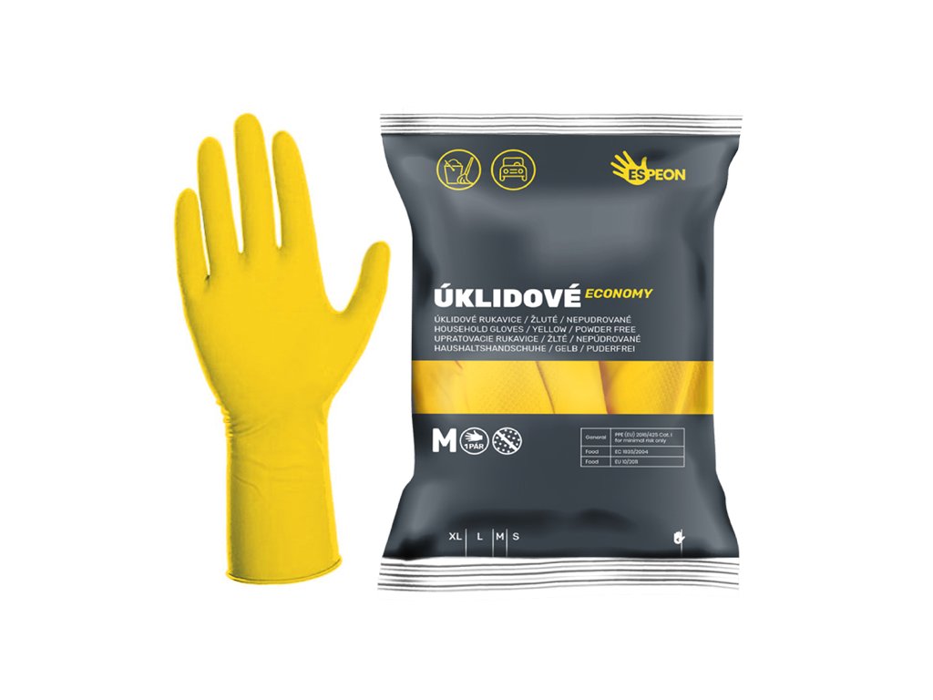 Úklidové latexové rukavice ECONOMY 1 pár, nepudrované, žluté, 25 g; velikost: M