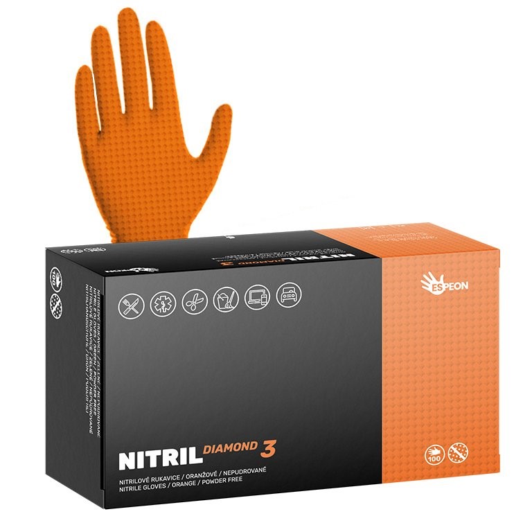 Rukavice jednorázové nepudrované NITRIL DIAMONT3 oranžové, velikost XL