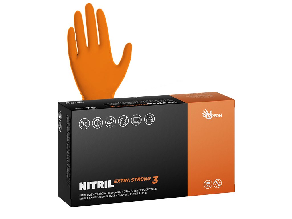 Rukavice jednorázové nepudrované NITRIL EXTRA STRONG3 oranžové, velikost L